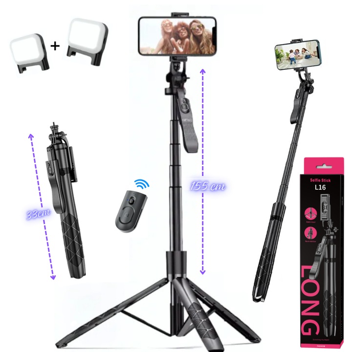 Selfiebot 2 az 1-ben RaSteff™, teleszkópos állvány, telefontartó, prémium minőségű, levehető Bluetoot távirányító, kompatibilis a GoPro video-/fotókamera kitöltő lámpával, ikerfény, állítható, teleszkópos állvány