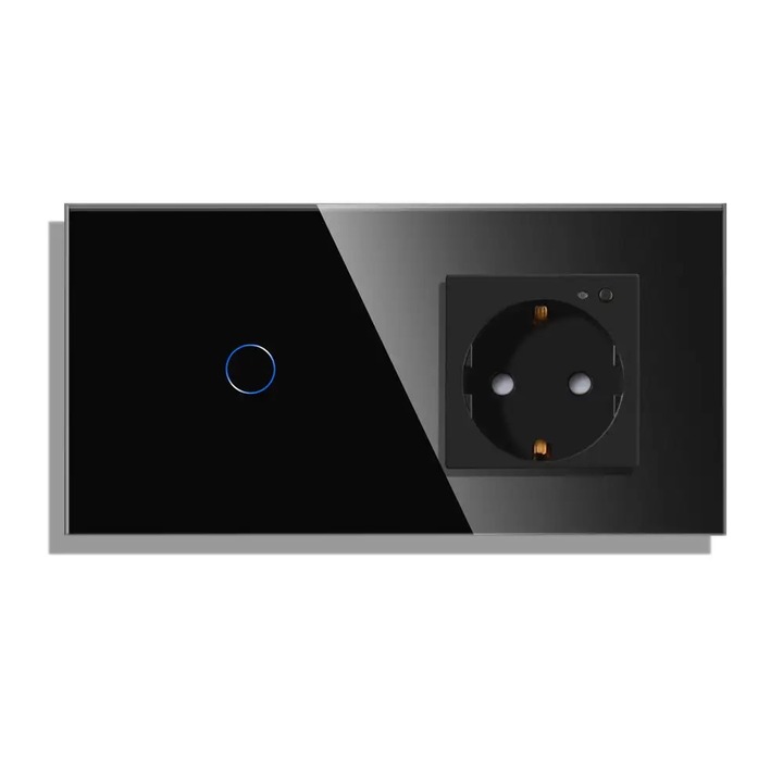 Intrerupator 4M (2+2M) 1 buton intrerupator WI-FI + RF fara nul cu priza Shuko Smart WI-FI 16A cu rama de sticla Culoare negru