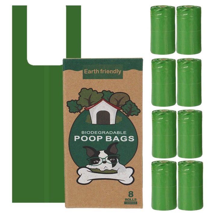 Higiénikus, biológiailag lebomló zacskók, 8 tekercs, 15 zacskó tekercsenként, kompakt, hordozható, zöld