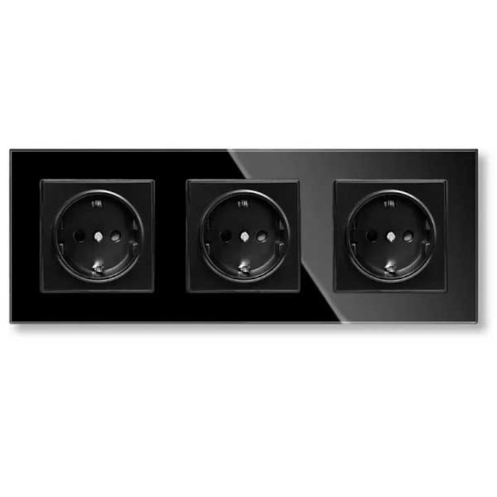 Priza tripla cu rama din sticla securizata Classlights, 16A, Negru