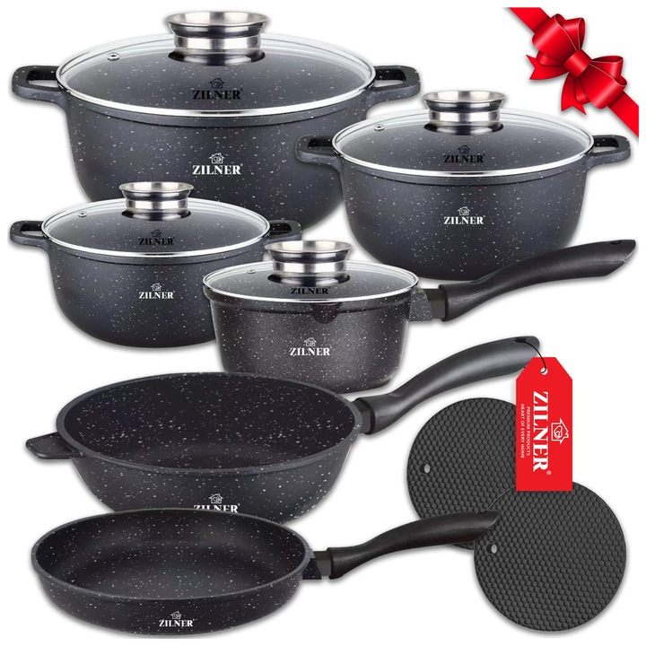 Set cratite marmurate 12 elemente Zilner, pentru inductie si gaz, diverse dimensiuni, cu capac din sticla