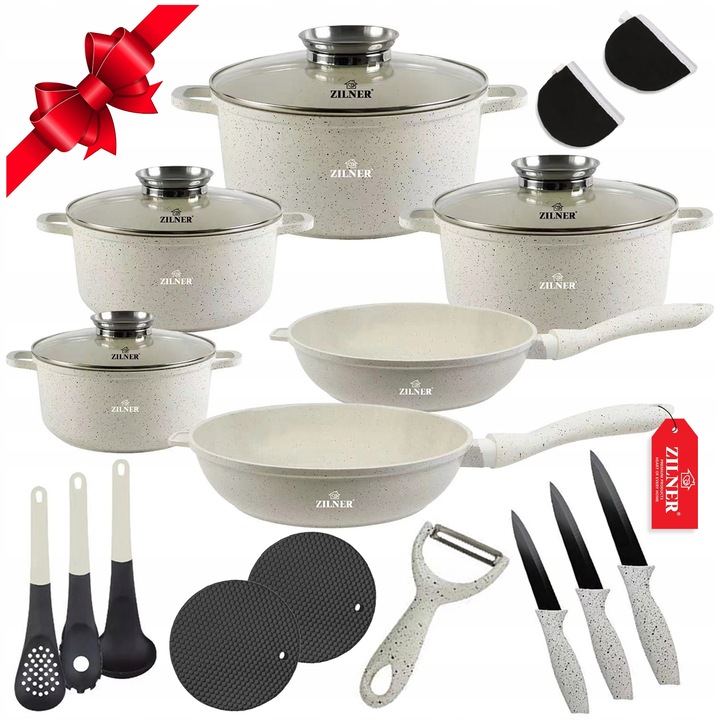 Комплект тенджери Zilner, мрамор, 21 части, за индукция и газ, сив