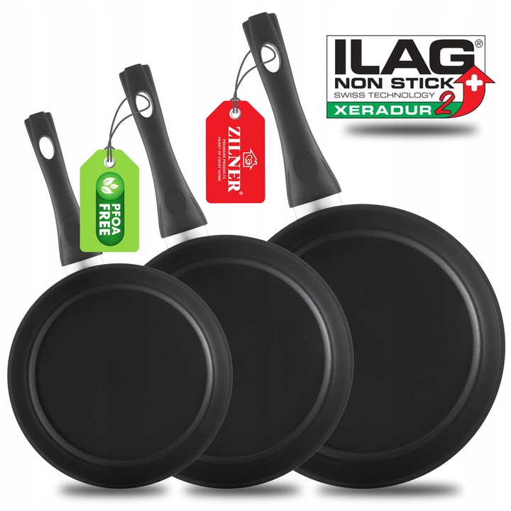 Set 3 Tigai Zilner, 20x24x28cm, Aluminiu Teflonat, Negru