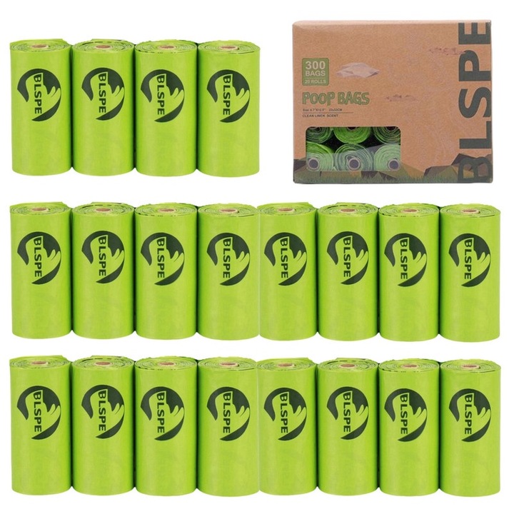 Biológiailag lebomló kisállat táskák, BLSPE, műanyag, 20 tekercs, vízálló, 300 db, zöld