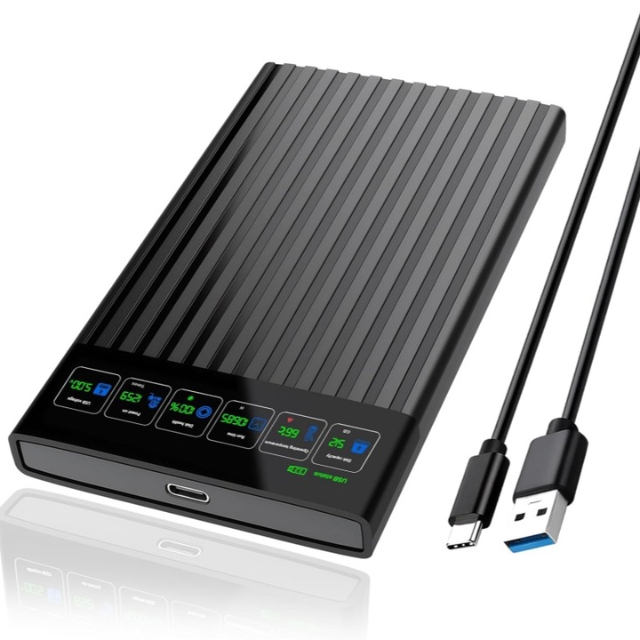 Carcasa rack extern cu display smart, conectori USB 3.2 Type-C si SATA, HDD/SSD de 2.5 inch, Viteza de Transfer pana la 6Gbps, Compatibila cu HDD/SSD pana la 8TB, Plug & Play, Negru