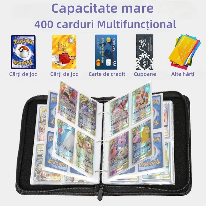 Албум за карти Pokemon, AjieQaQ 4 отделения, 400 слота, водоустойчив, издръжлив материал, 24.5x18x4.5 см, многоцветен