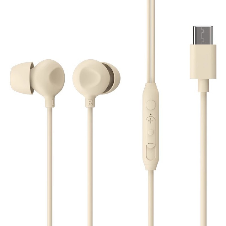 Casti cu fir pentru somn, anulare activa zgomot, butoane volum si apel – sunet HiFi, silicon moale, confortabile lateral – interfata Type-C, bej