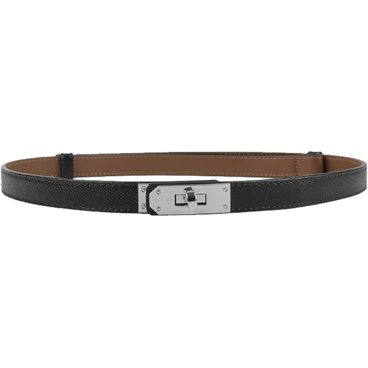 Curea subtire din piele DOUUCO, catarama aurie, ajustabila, neagra