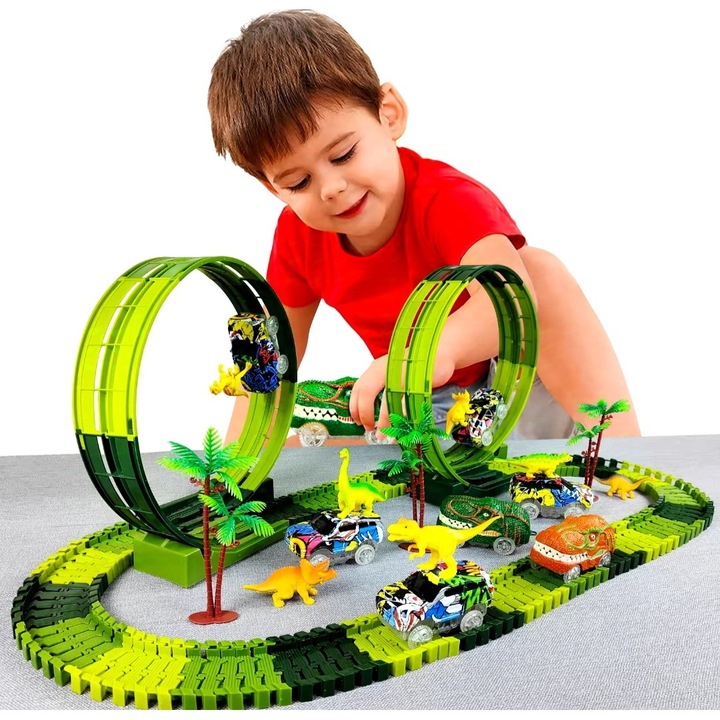 Elektromos pálya autóval és 2 dinoszaurusszal gyerekeknek, zöld