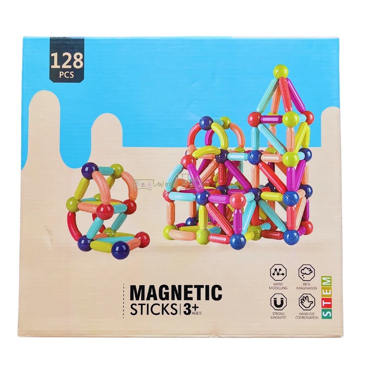 Set de Constructie cu 128 Piese Magnetic Sticks pentru Copii, Stuniko® Bete si Bile Magnetice, Joc Educativ STEM, Dezvolta Creativitatea si Motricitatea, Multicolor, 3 ani+