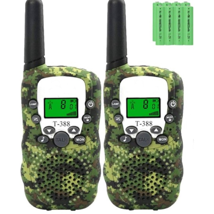Statie Radio (2) T-388 Portabila, Emisie-Receptie, Walkie Talkie, Distanta de comunicare pana la 6KM, 38 Frecvente Private, Blitz Incorporat, Monitor, 10 Tonuri de Sonerie, slot Jack 2.5mm, Alarma Low Batery, Display cu lumina neagra, Baterii Incluse