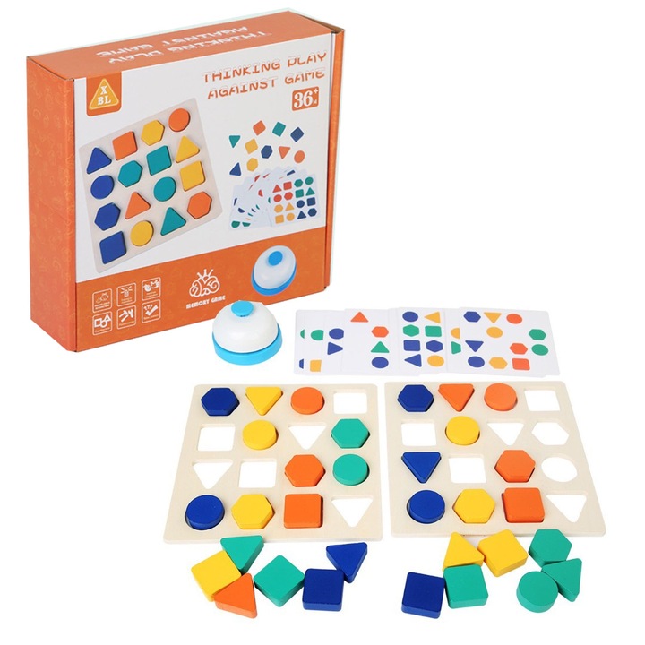 Joc educativ Razboiul formelor geometrice, un set dublu cu forme, joc in doi, Montessori din lemn, SARALMA®