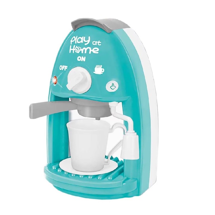 Játék kávéfőző, 3 éves kortól, hangokkal, fényekkel és csészével, műanyag, 22 cm magas, türkizkék színű