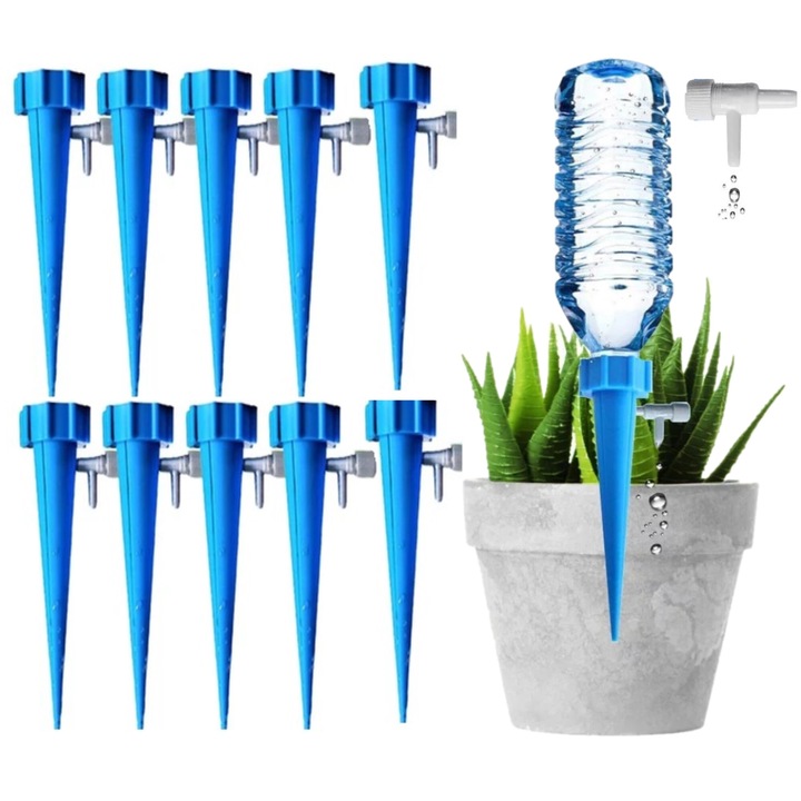 Set 10 Irigatoare pentru flori, plante de gradina, ghivece cu robinete, albastru