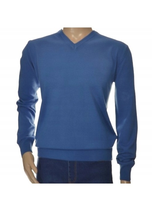 Férfi pulóver, kék, kasmír, V-nyakú, hosszú ujjú