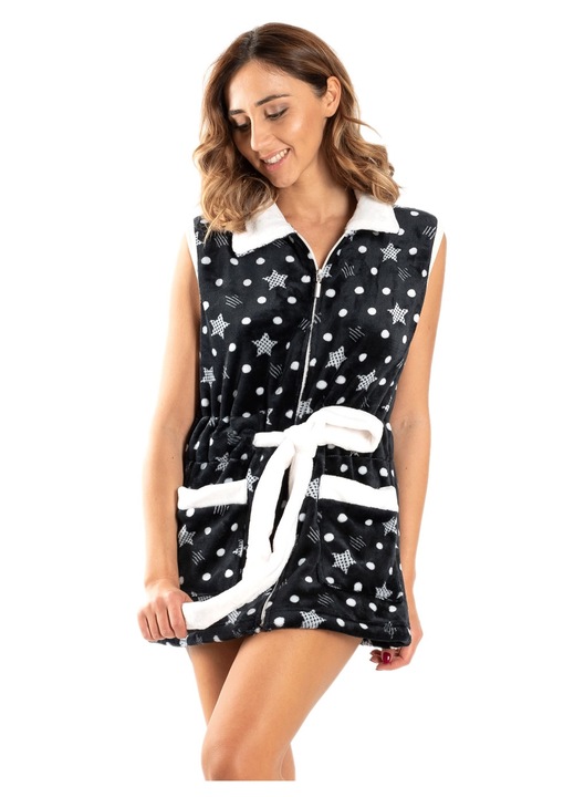 Halat dama Bonne Nuit, polar, guler larg, negru/alb