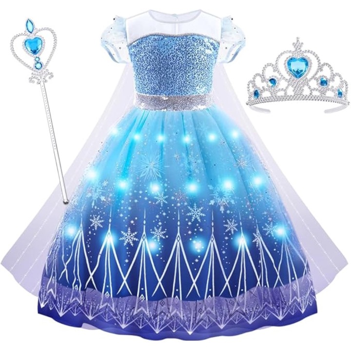 Costum carnaval fete Elsa Frozen, rochie cu lumini, albastra cu pelerina bagheta, coronita, Funny Party Shop®, 3-4 ani