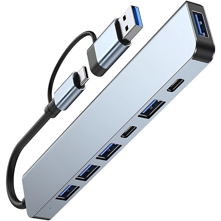 HUB многопортов адаптер, 7 в 1, Promerco®, модерен дизайн, функционален, USB тип C, USB-A 3.0 към 1x USB 3.0, 4x USB 2.0, 1x USB тип C, 1x 5W захранване, докинг станция за лаптоп и таблет, преносим, лек, сребрист цвят
