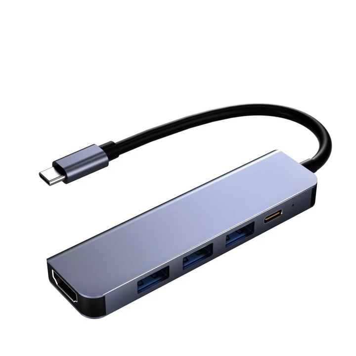 Hub USB-C 5-in-1 Multifunctional, Ultra Slim, cu Port HDMI 4K, 3 Porturi USB 3.0 pentru Transfer Rapid de Date si Port USB-C Power Delivery pentru Incarcare