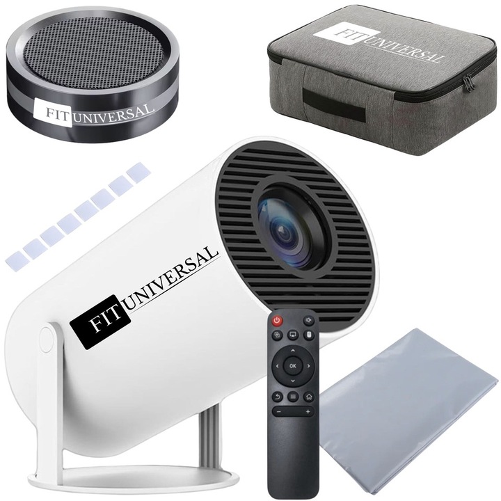 Видеопроектор FitUniversal, преносим, WiFi, Bluetooth 5.0, Android 11, поддръжка на 4K UltraHD, 1 GB RAM, 8 GB памет, HDMI, USB и връзка за огледало, прожекционен екран, чанта за носене, дистанционно управление и Bluetooth високоговорител са включени