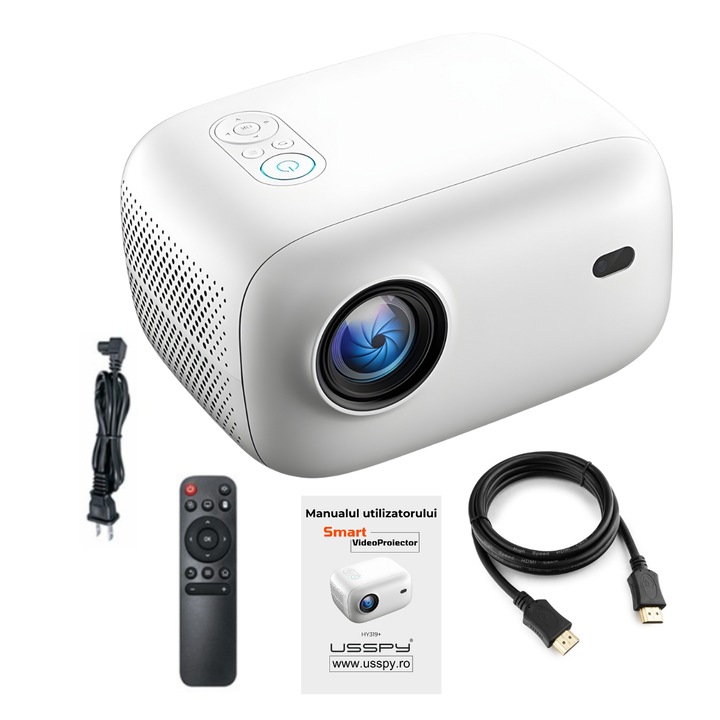 Videoproiector portabil, USSPY® HY319+, 400ANSI 12000Lm, Android 11, Wi-Fi 2.4G, BT 5.0, 1920*1080p FHD, HDMI, USB si oglinda ecran Android/IOS, alb