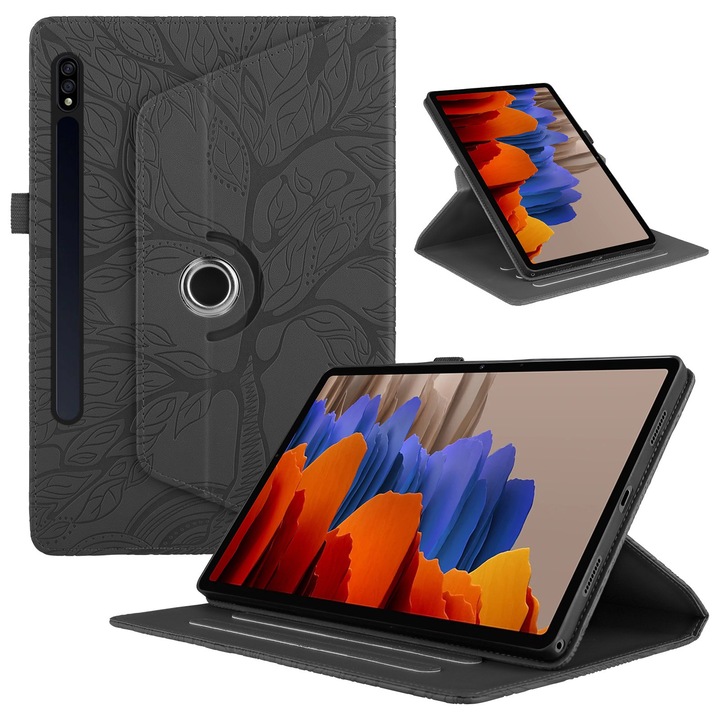 Husa tableta, Mawzyxrt, pentru Samsung Galaxy A9 8.7 inch, design Copacul Vietii, rotire 360, negru