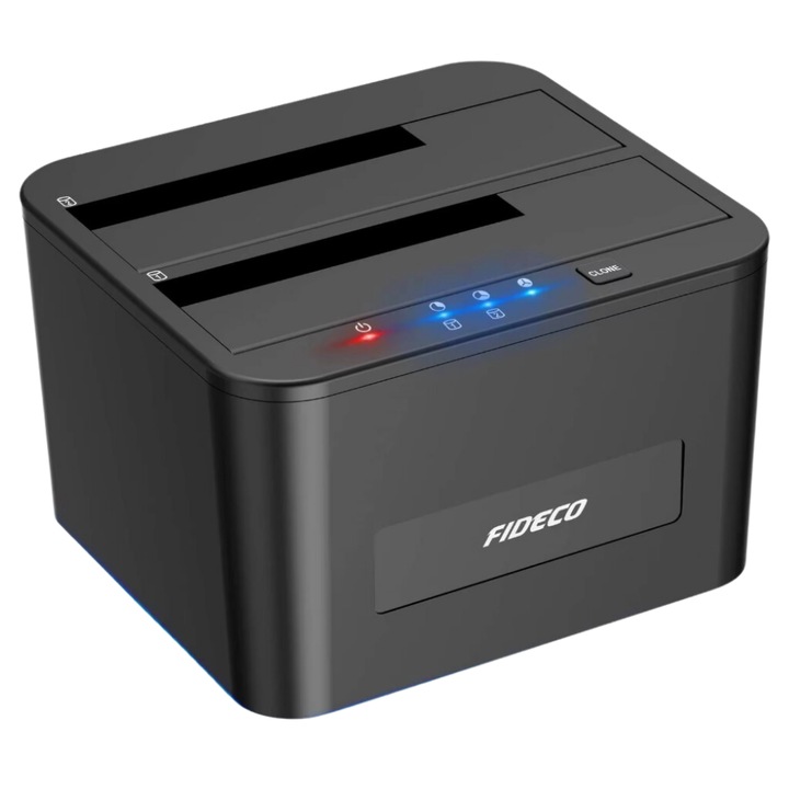 Statie de Andocare Dubla Pentru Hard Disk-uri si SSD-uri SATA I/II/III - 2 Bay Z ZYNERA™, cu Functie de Clonare Offline Rapida 1:1 - Conectivitate USB 3.0 SuperSpeed (5Gbps) si Compatibilitate 2.5"/3.5" - Indicatori LED Stare si Clonare - Plug & Play