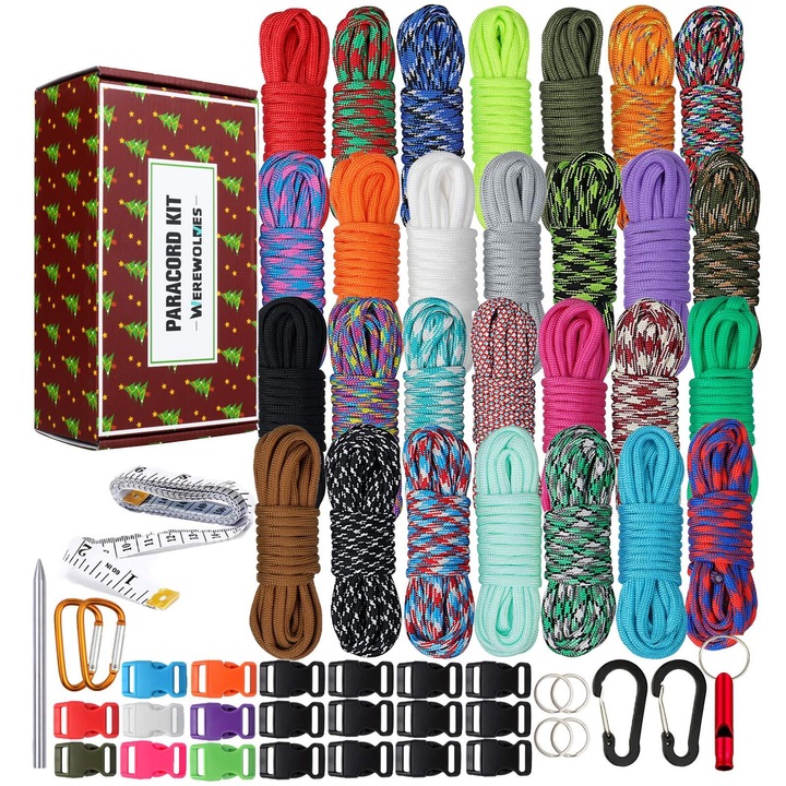 Kit Paracord, MONOBIN 28 Culori,3m Paracord 550 Combo kit, Set Cadou- Multifunctional Paracord Rope cu instructiuni pentru a face Lanyard, Bratara Crafting Kits, supravietuire Rope Making lanyards, Dog Collar, Maro