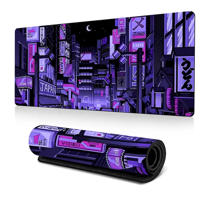 Mousepad, Cyberpunk Urban Street, 800x300x1.5mm, antiderapant, albastru/mov