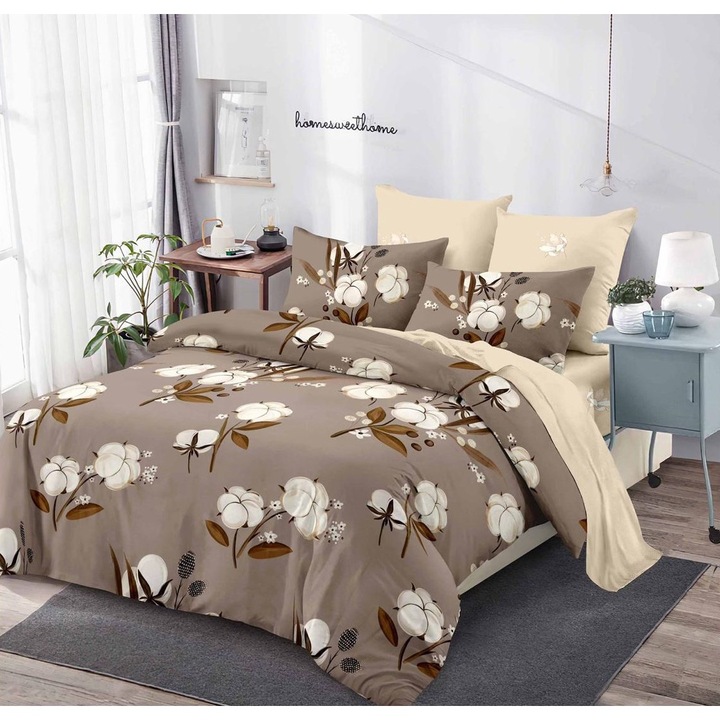 Lenjerie de pat dublu, bumbac finet, 6 piese, Cearceaf de pat cu elastic 180 x 200 cm, Cearceaf pilota 200 x 230 cm, 2 Fata de perna 50 x 70 cm, 2 Fata de perna 70 x 70 cm, Multicolor, p6