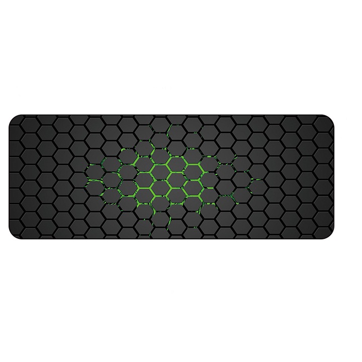 Mousepad mare, model geometric hexagonal, non-alunecare, 800x300x1.5mm, verde/negru