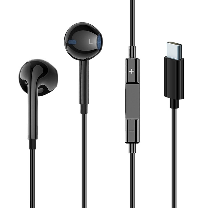 Casti cu fir HERUSI in-ear microfon negru 1.20m USB-C