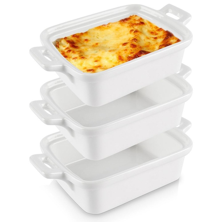 Set 3 tavi cu manere pentru copt, Excellent Houseware, Portelan, 160 ml, 14x9x4.5cm, Alb