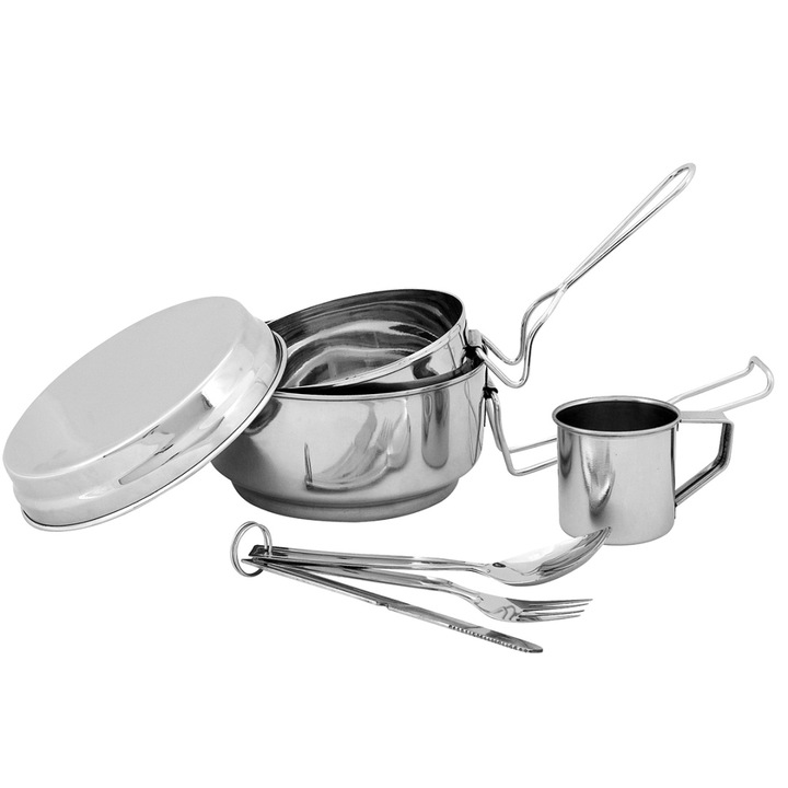 Set 2 vase/1 cana/2 tacamuri/1 capac pentru camping, Banquet, inox, argintiu