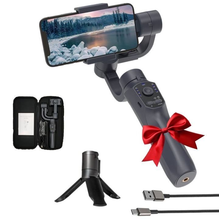 MIANDREE® F10 Pro Gimbal telefonstabilizátor – 3 tengelyes stabilizátor, Bluetooth, iOS és Android alkalmazás, automatikus arckövetés, 10 órás autonómia, USB-C töltés, ideális bloggerekhez, vlogokhoz és TikTok élő közvetítésekhez, állvány és tok