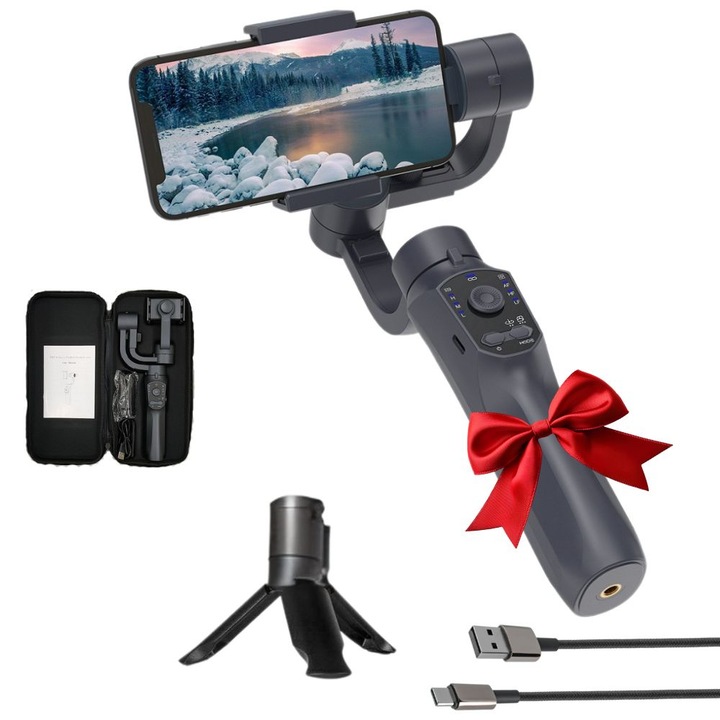 Стабилизатор за телефон MIANDREE® F10 Pro Gimbal - 3-осна стабилизация, Bluetooth, приложение за iOS и Android, автоматично проследяване на лица, 10 часа автономия, USB-C зареждане, идеален за блогъри, Vlogs и TikTok потоци на живо, статив и калъф