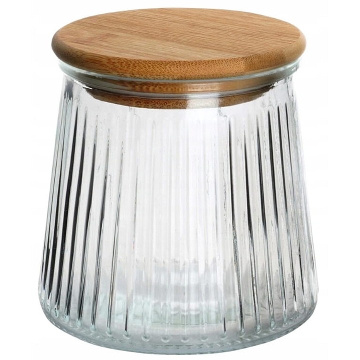 Borcan pentru produse uscate, Koopman, Sticla, Capac din bambus cu garnitura, 600 ml, 11x11x11cm, Transparent/Maro