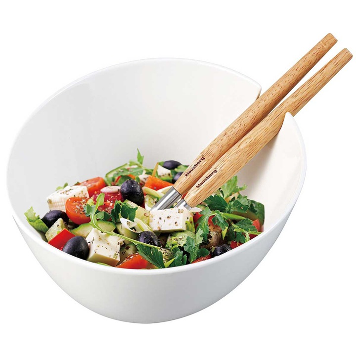 Fehér porcelán tál, 2 db rozsdamentes acél fa nyelű kanállal, 23,5x11,5-15,5 cm