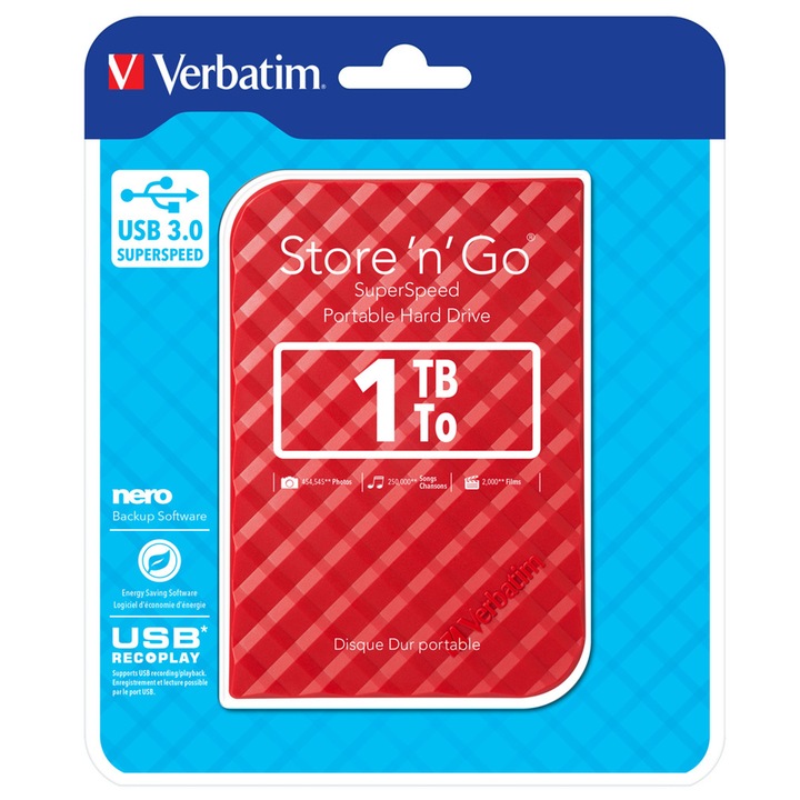 HDD extern Verbatim Store 'n' Go 1TB 2.5" USB 3.0, Rosu