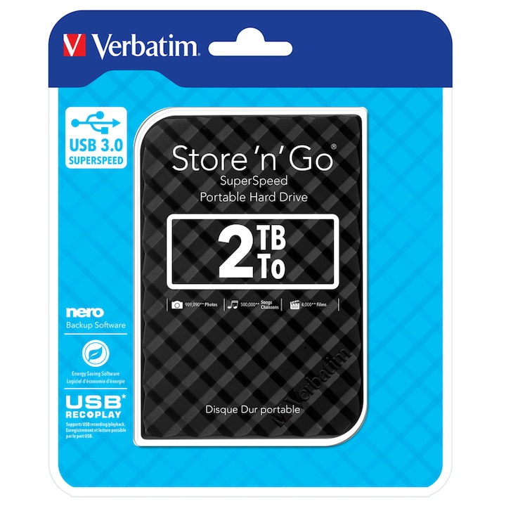 HDD extern Verbatim Store 'n' Go 53195, 2TB, 2.5", USB3.0, Negru