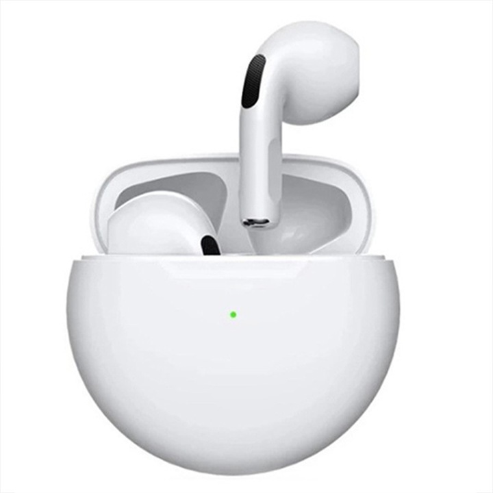 PRO6 fehér Bluetooth fülhallgató, Mini, kompakt, vezeték nélküli, fülbe helyezhető, zajcsökkentés, akkumulátor élettartama, kétoldalas sztereó, nagyfelbontású hívások, automatikus Bluetooth kapcsolat, iOS / Android univerzális