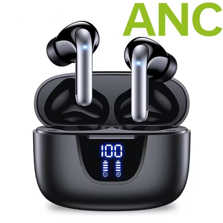 Planet Tech vezeték nélküli fülhallgató, Továbbfejlesztett zajcsökkentéssel, 42 órás autonómia, Kettős mikrofon, CVC 8.0, Érintővezérlés, LED kijelző, Bluetooth 5.3, 45 ms késleltetés, Univerzális