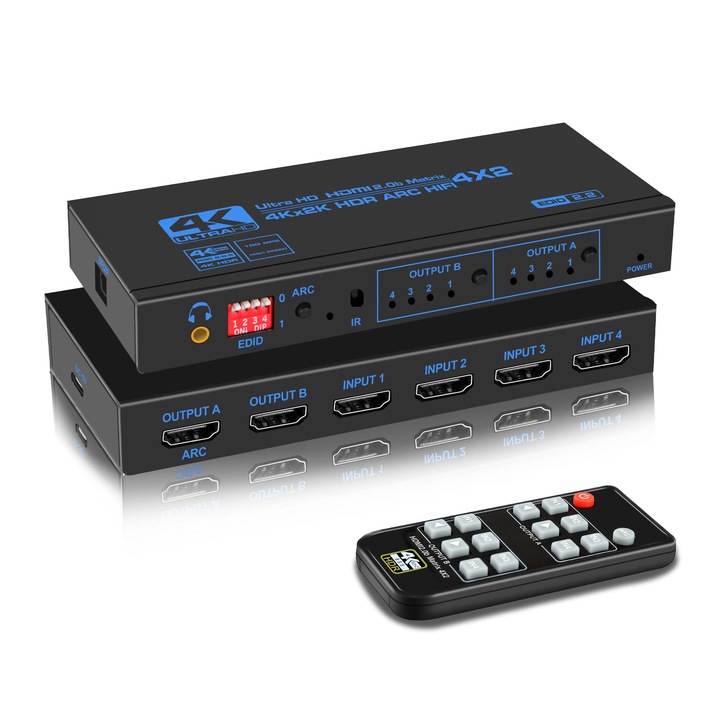 Switch HDMI 2.0b, HDCP 2.2, HDR 10, 4K@60Hz, 4x2 HDMI Matrix Switch, ARC, 4 in 2 Out Matrix HDMI Video Switcher Splitter + Optical & 3.5mm Stereo Audio, Scaler 4K 1080P Synch, HDMI Audio Extractor cu telecomanda IR