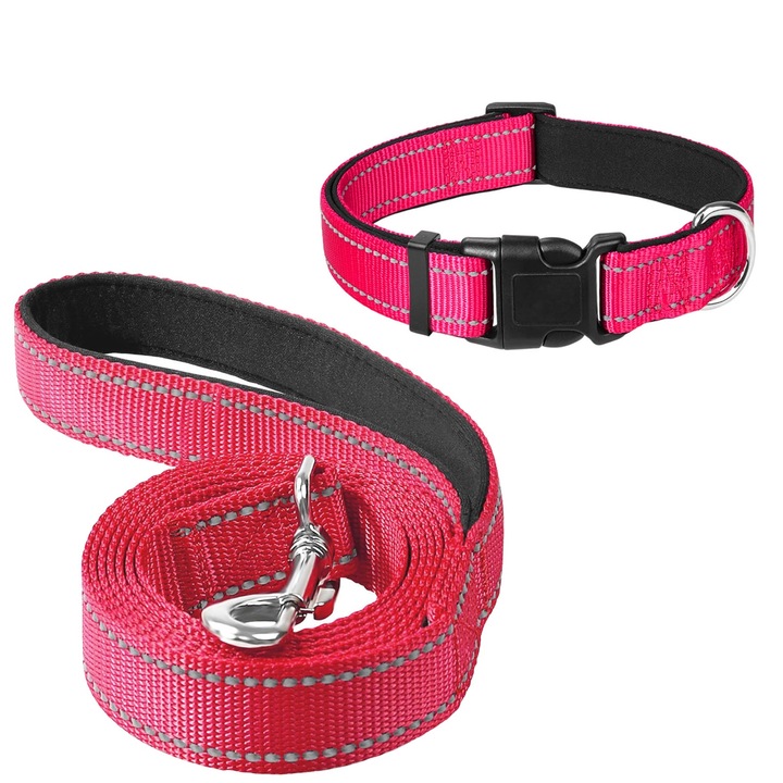 Zgarda si lesa reflectorizanta pentru caini, SINBINTA, Reglabila si respirabila, Moale si confortabila, Catarame in D din inox, Usor de purtat, Vizibilitate noptii, Pentru plimbari sau antrenamentele, Nylon, XS, Roz