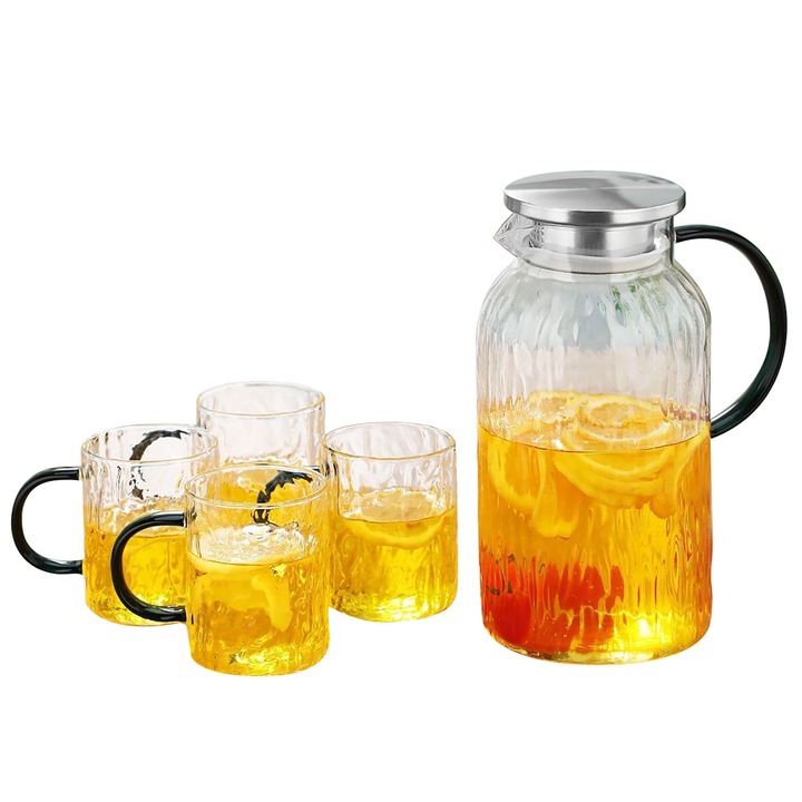 Teáskanna készlet 4 csészével, MOROVAN, hőálló boroszilikát üveg, rozsdamentes acél fedél