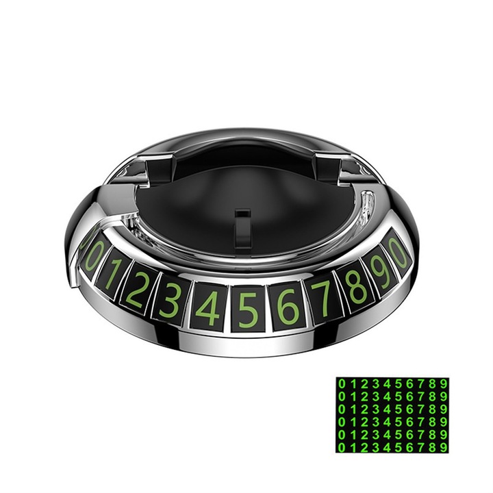 Автомобилна стойка за телефон 2 в 1, с табелка за паркиране и фосфоресциращи номера, MorFansi®, Въртене на 360⁰, Мултифункционален, Сребрист