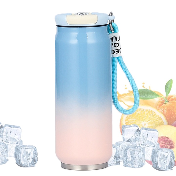 Cana Termica Inox, SINBINTA, Cana Termica, 500ml, Cu capac si pai integrat in deschidere, Cu franghie de ridicare, Sigiliu de scurgere dovada, Baza anti-alunecare, Pastreaza bautura fierbinte sau rece timp, Handy transporta, 7x18cm, Albastru/Pudra