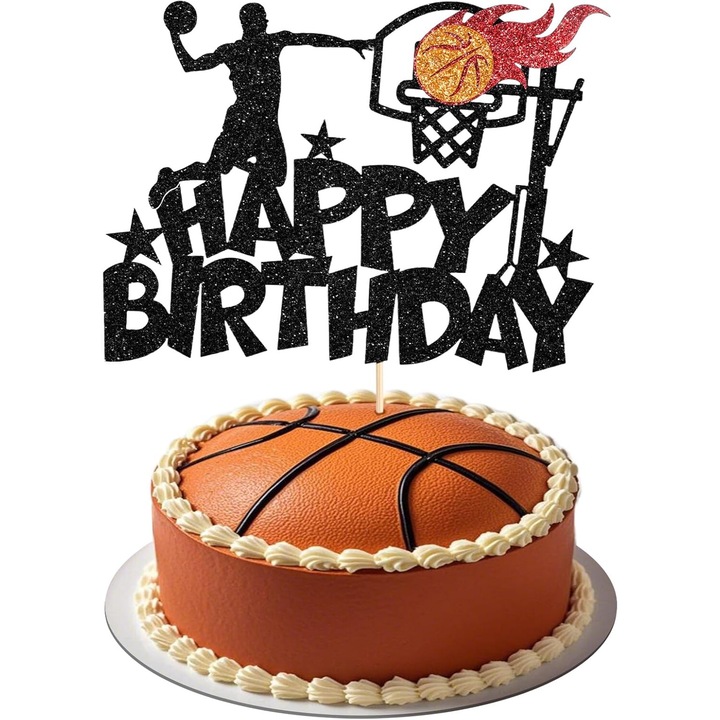 Топер за баскетболна торта, украса за рожден ден, блестящ картон, предварително сглобен, черен