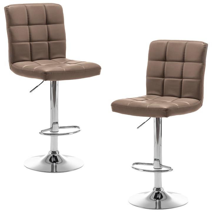 2 db bárszék szett, Quasar & Co.® MODO, magas kialakítás, állítható magasságú, forgatható, 360°-os forgórendszerrel, csúszásgátlós lábbal, krómozott talppal, fix fém lábtartóval, műbőr borítással, alkalmas konyhába, barna