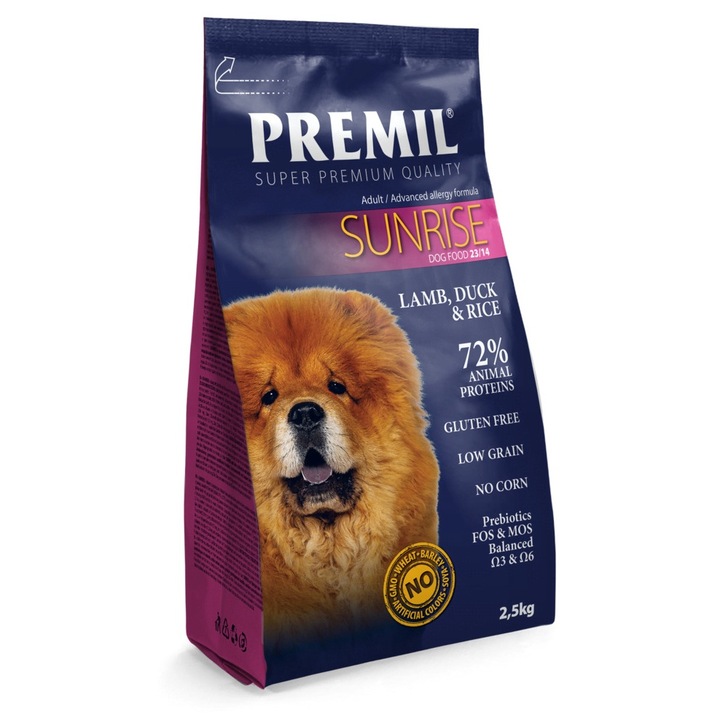 Пълноценна храна, Premil Sunrise, За кучета с алергии и чувствителна храносмилателна система, Агнешко месо и ориз, 2.5 кг